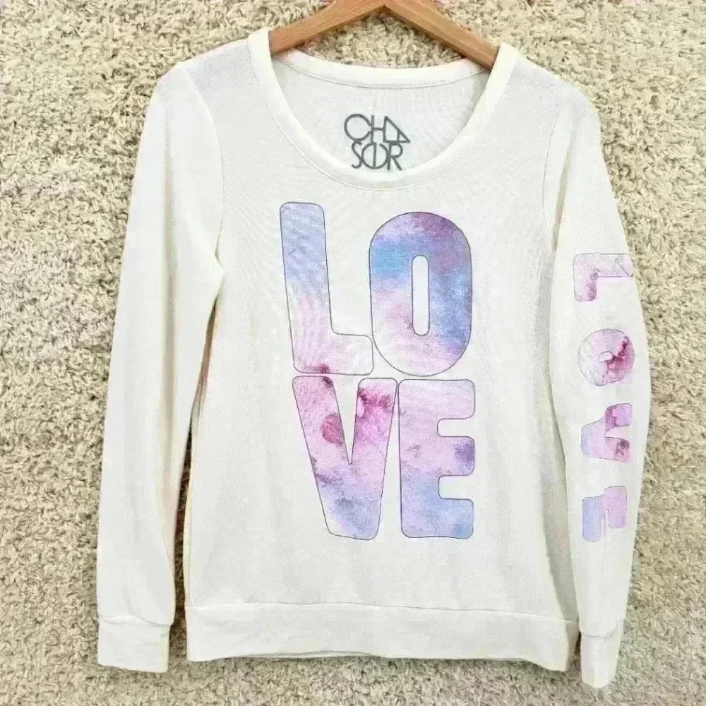 CHASER women US Small white sweatshirt blue pink LOVE spellout front sleeve soft